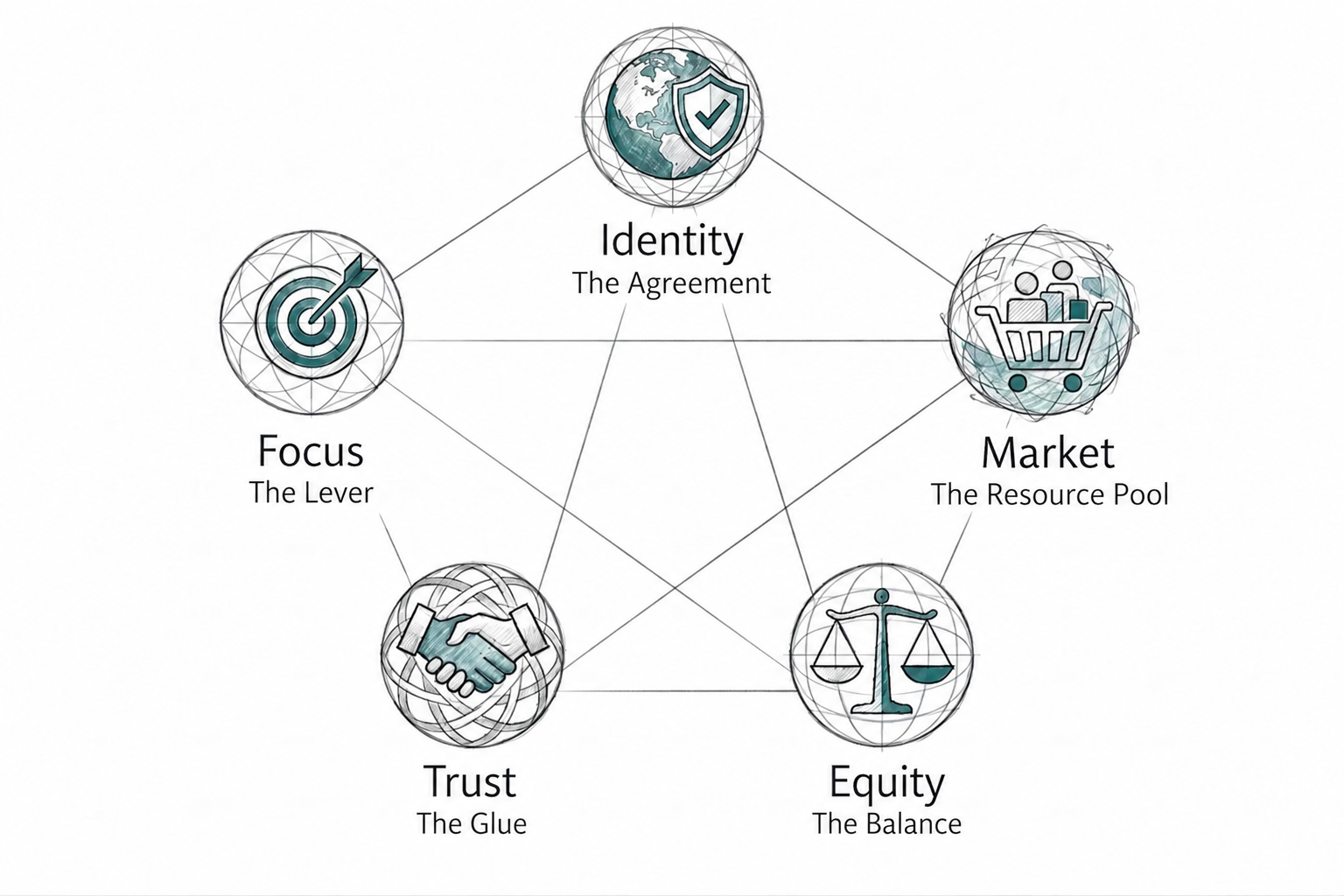 Five connected leadership domains: Identity, Focus, Market, Equity, and Trust.